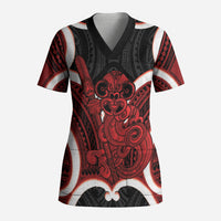 Whero Aotearoa Atua Tumatauenga Personalised Scrub Top Maori God Of War Tiki With Taiaha LT14 Adult Red - Polynesian Pride