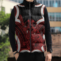 Whero Aotearoa Atua Tumatauenga Personalised Sleeveless Puffer Jacket Maori God Of War Tiki With Taiaha LT14 - Polynesian Pride