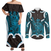 Kikorangi Aotearoa Atua Tumatauenga Personalised Couples Matching Off Shoulder Maxi Dress and Long Sleeve Button Shirt Maori God Of War Tiki With Taiaha LT14 Blue - Polynesian Pride