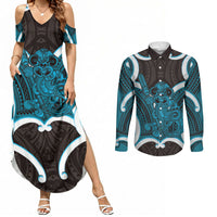 Kikorangi Aotearoa Atua Tumatauenga Personalised Couples Matching Summer Maxi Dress and Long Sleeve Button Shirt Maori God Of War Tiki With Taiaha LT14 Blue - Polynesian Pride