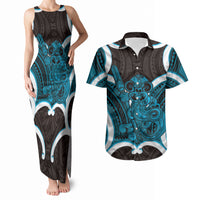 Kikorangi Aotearoa Atua Tumatauenga Personalised Couples Matching Tank Maxi Dress and Hawaiian Shirt Maori God Of War Tiki With Taiaha LT14 Blue - Polynesian Pride