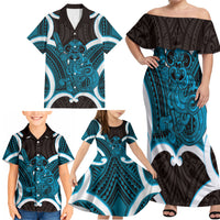 Kikorangi Aotearoa Atua Tumatauenga Personalised Family Matching Off Shoulder Maxi Dress and Hawaiian Shirt Maori God Of War Tiki With Taiaha LT14 - Polynesian Pride