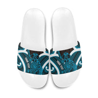 Kikorangi Aotearoa Atua Tumatauenga Personalised Slide Sandals Maori God Of War Tiki With Taiaha LT14 Blue - Polynesian Pride