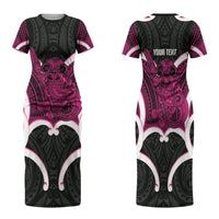 Mawhero Aotearoa Atua Tumatauenga Personalised Family Matching Short Sleeve Bodycon Dress and Hawaiian Shirt Maori God Of War Tiki With Taiaha LT14 Mom's Dress Pink - Polynesian Pride