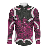 Mawhero Aotearoa Atua Tumatauenga Personalised Long Sleeve Button Shirt Maori God Of War Tiki With Taiaha LT14 Unisex Pink - Polynesian Pride