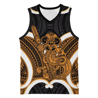 Karaka Aotearoa Atua Tumatauenga Personalised Basketball Jersey Maori God Of War Tiki With Taiaha LT14 Unisex Orange - Polynesian Pride