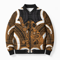 Karaka Aotearoa Atua Tumatauenga Personalised Bomber Puffer Jacket Maori God Of War Tiki With Taiaha LT14 Unisex Orange - Polynesian Pride