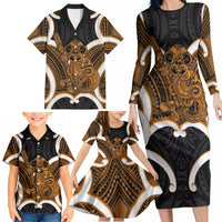 Karaka Aotearoa Atua Tumatauenga Personalised Family Matching Long Sleeve Bodycon Dress and Hawaiian Shirt Maori God Of War Tiki With Taiaha LT14 - Polynesian Pride