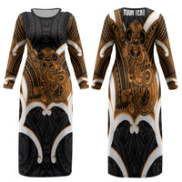 Karaka Aotearoa Atua Tumatauenga Personalised Family Matching Long Sleeve Bodycon Dress and Hawaiian Shirt Maori God Of War Tiki With Taiaha LT14 Mom's Dress Orange - Polynesian Pride