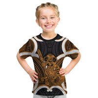 Karaka Aotearoa Atua Tumatauenga Personalised Kid T Shirt Maori God Of War Tiki With Taiaha LT14 Orange - Polynesian Pride