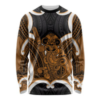 Karaka Aotearoa Atua Tumatauenga Personalised Long Sleeve Shirt Maori God Of War Tiki With Taiaha LT14 Unisex Orange - Polynesian Pride
