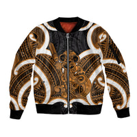 Karaka Aotearoa Atua Tumatauenga Personalised Sleeve Zip Bomber Jacket Maori God Of War Tiki With Taiaha LT14 Unisex Orange - Polynesian Pride