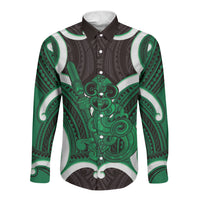 Kakariki Aotearoa Atua Tumatauenga Personalised Long Sleeve Button Shirt Maori God Of War Tiki With Taiaha LT14 Unisex Green - Polynesian Pride