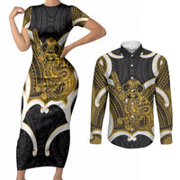 Kowhai Aotearoa Atua Tumatauenga Personalised Couples Matching Short Sleeve Bodycon Dress and Long Sleeve Button Shirt Maori God Of War Tiki With Taiaha LT14 Yellow - Polynesian Pride