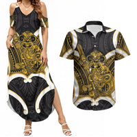Kowhai Aotearoa Atua Tumatauenga Personalised Couples Matching Summer Maxi Dress and Hawaiian Shirt Maori God Of War Tiki With Taiaha LT14 Yellow - Polynesian Pride