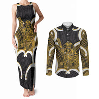 Kowhai Aotearoa Atua Tumatauenga Personalised Couples Matching Tank Maxi Dress and Long Sleeve Button Shirt Maori God Of War Tiki With Taiaha LT14 Yellow - Polynesian Pride