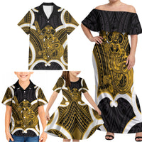 Kowhai Aotearoa Atua Tumatauenga Personalised Family Matching Off Shoulder Maxi Dress and Hawaiian Shirt Maori God Of War Tiki With Taiaha LT14 - Polynesian Pride