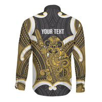 Kowhai Aotearoa Atua Tumatauenga Personalised Long Sleeve Button Shirt Maori God Of War Tiki With Taiaha LT14 - Polynesian Pride