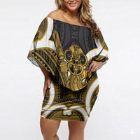 Kowhai Aotearoa Atua Tumatauenga Personalised Off Shoulder Short Dress Maori God Of War Tiki With Taiaha LT14 Women Yellow - Polynesian Pride