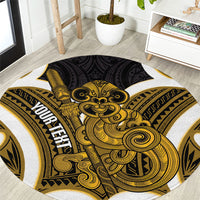 Kowhai Aotearoa Atua Tumatauenga Personalised Round Carpet Maori God Of War Tiki With Taiaha LT14 Yellow - Polynesian Pride