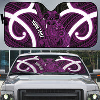 Waiporoporo Aotearoa Atua Tumatauenga Personalised Auto Sun Shade Maori God Of War Tiki With Taiaha LT14 Purple - Polynesian Pride