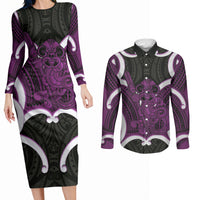 Waiporoporo Aotearoa Atua Tumatauenga Personalised Couples Matching Long Sleeve Bodycon Dress and Long Sleeve Button Shirt Maori God Of War Tiki With Taiaha LT14 Purple - Polynesian Pride