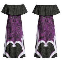 Waiporoporo Aotearoa Atua Tumatauenga Personalised Couples Matching Off Shoulder Maxi Dress and Long Sleeve Button Shirt Maori God Of War Tiki With Taiaha LT14 - Polynesian Pride