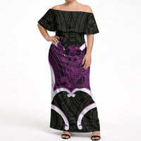 Waiporoporo Aotearoa Atua Tumatauenga Personalised Off Shoulder Maxi Dress Maori God Of War Tiki With Taiaha LT14 Women Purple - Polynesian Pride