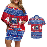 Personalised Samoa Christmas Couples Matching Off Shoulder Short Dress and Hawaiian Shirt Samoan Coat Of Arms Manuia Le Kirisimas LT14 Blue - Polynesian Pride