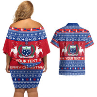 Personalised Samoa Christmas Couples Matching Off Shoulder Short Dress and Hawaiian Shirt Samoan Coat Of Arms Manuia Le Kirisimas LT14 - Polynesian Pride