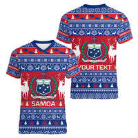 Personalised Samoa Christmas Women V Neck T Shirt Samoan Coat Of Arms Manuia Le Kirisimas LT14 - Polynesian Pride