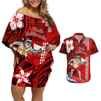 Personalised Hawaii Christmas Couples Matching Off Shoulder Short Dress and Hawaiian Shirt Mele Kalikimaka Surfing Santa Claus LT14 Red - Polynesian Pride
