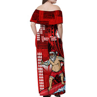 Personalised Hawaii Christmas Off Shoulder Maxi Dress Mele Kalikimaka Surfing Santa Claus LT14 - Polynesian Pride