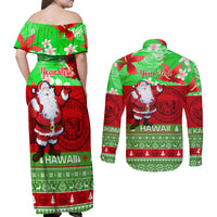 Personalised Hawaii Christmas Couples Matching Off Shoulder Maxi Dress and Long Sleeve Button Shirts Mele Kalikimaka Hawaiian Santa Tropical Vibes LT14 - Polynesian Pride