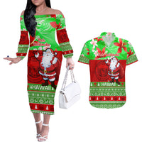 Personalised Hawaii Christmas Couples Matching Off The Shoulder Long Sleeve Dress and Hawaiian Shirt Mele Kalikimaka Hawaiian Santa Tropical Vibes LT14 Red - Polynesian Pride