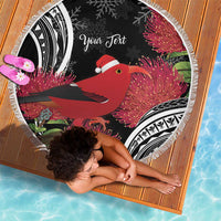 Personalized Mele Kalikimaka Hawaii Beach Blanket I'iwi Bird With Ohia Lehua - Black Color LT14 - Polynesian Pride