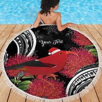 Personalized Mele Kalikimaka Hawaii Beach Blanket I'iwi Bird With Ohia Lehua - Black Color LT14 - Polynesian Pride