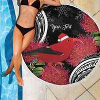 Personalized Mele Kalikimaka Hawaii Beach Blanket I'iwi Bird With Ohia Lehua - Black Color LT14 - Polynesian Pride