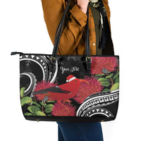 Personalized Mele Kalikimaka Hawaii Leather Tote Bag I'iwi Bird With Ohia Lehua - Black Color LT14 - Polynesian Pride