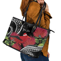 Personalized Mele Kalikimaka Hawaii Leather Tote Bag I'iwi Bird With Ohia Lehua - Black Color LT14 - Polynesian Pride