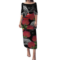 Personalized Mele Kalikimaka Hawaii Puletasi I'iwi Bird With Ohia Lehua - Black Color LT14 Long Dress Black - Polynesian Pride