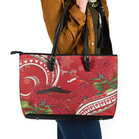 Personalized Mele Kalikimaka Hawaii Leather Tote Bag I'iwi Bird With Ohia Lehua - Red Color LT14 - Polynesian Pride