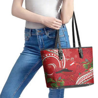 Personalized Mele Kalikimaka Hawaii Leather Tote Bag I'iwi Bird With Ohia Lehua - Red Color LT14 - Polynesian Pride
