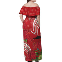 Personalized Mele Kalikimaka Hawaii Off Shoulder Maxi Dress I'iwi Bird With Ohia Lehua - Red Color LT14 - Polynesian Pride