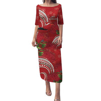 Personalized Mele Kalikimaka Hawaii Puletasi I'iwi Bird With Ohia Lehua - Red Color LT14 Long Dress Red - Polynesian Pride