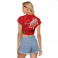 Personalized Mele Kalikimaka Hawaii Raglan Cropped T Shirt I'iwi Bird With Ohia Lehua - Red Color LT14 - Polynesian Pride