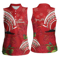 Personalized Mele Kalikimaka Hawaii Women Sleeveless Polo Shirt I'iwi Bird With Ohia Lehua - Red Color