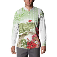 Pastel Green Hawaii Chameleon Christmas Button Sweatshirt Mele Kalikimaka Kakau - Watercolor
