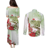 Pastel Green Hawaii Chameleon Christmas Couples Matching Puletasi and Long Sleeve Button Shirt Mele Kalikimaka Kakau - Watercolor