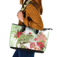 Pastel Green Hawaii Chameleon Christmas Leather Tote Bag Mele Kalikimaka Kakau - Watercolor LT14 Green - Polynesian Pride